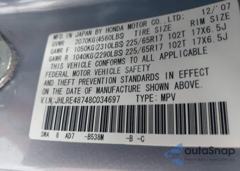 2008 Honda Cr-V Ex-L from USA, damaged, VIN JHLRE48748C034697